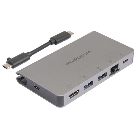 MEDIACOM HUB TO USB-C TO HDMI + RJ45 + USB + TYPE C E POWER DELIVERY 100W IN ALLUMINIO GRIGIO