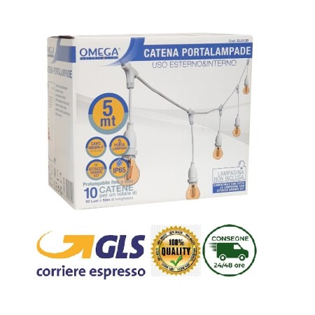 OMEGA CATENA PORTALAMPADE 5 METRI, 5 ATTACCHI E27 IP65, COLORE BIANCO
